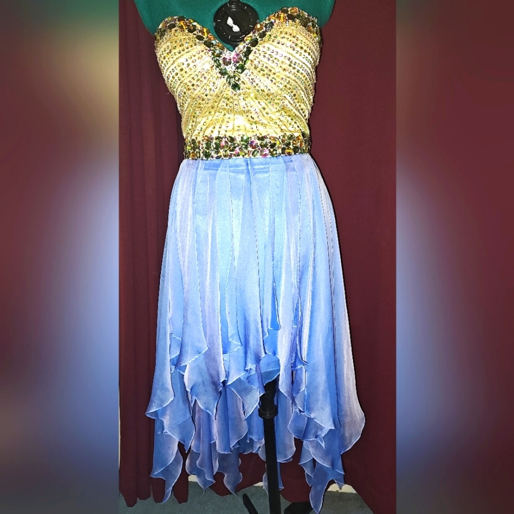Elegant Gold and Blue Skirt with Asymmetrical Hemline
